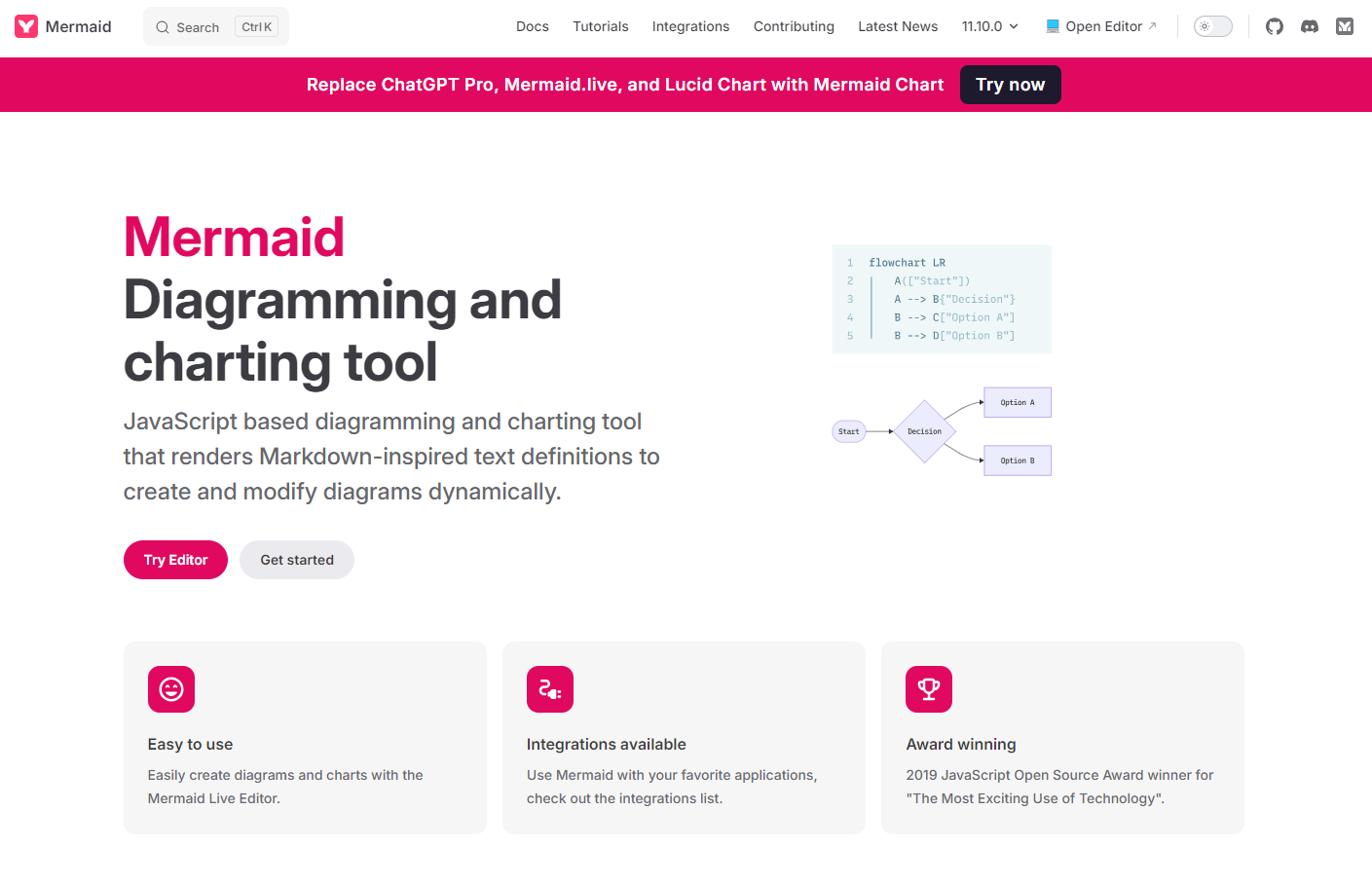 Mermaid 是一款基于JavaScript的图表和绘图工具,能够通过Markdown风格的文本定义动态创建和修改图表。它易于使用,支持多种图表类型,并获得2019年JavaScript开源奖。