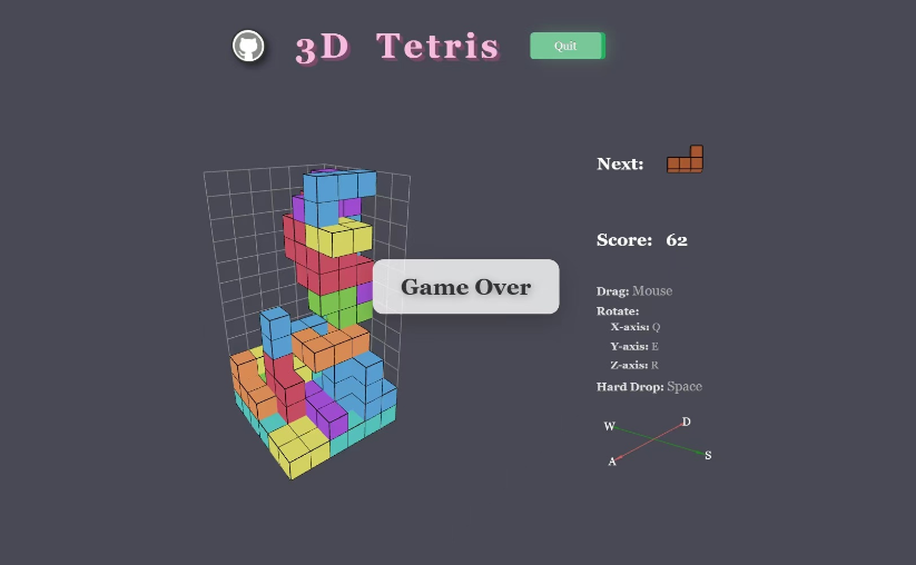 采用了 React 作为前端框架来构建用户界面和游戏逻辑组织。为了实现 3D 渲染效果，它深度集入了 Three.js 库用于在网页上创建和展示复杂的 3D 图形。
