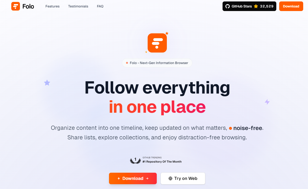 Folo是专为现代内容消费设计的下一代信息浏览器,支持RSS订阅、多平台内容聚合和AI智能处理。通过个性化时间线管理、动态内容解析和社区协作功能,帮助用户高效获取无噪音信息。