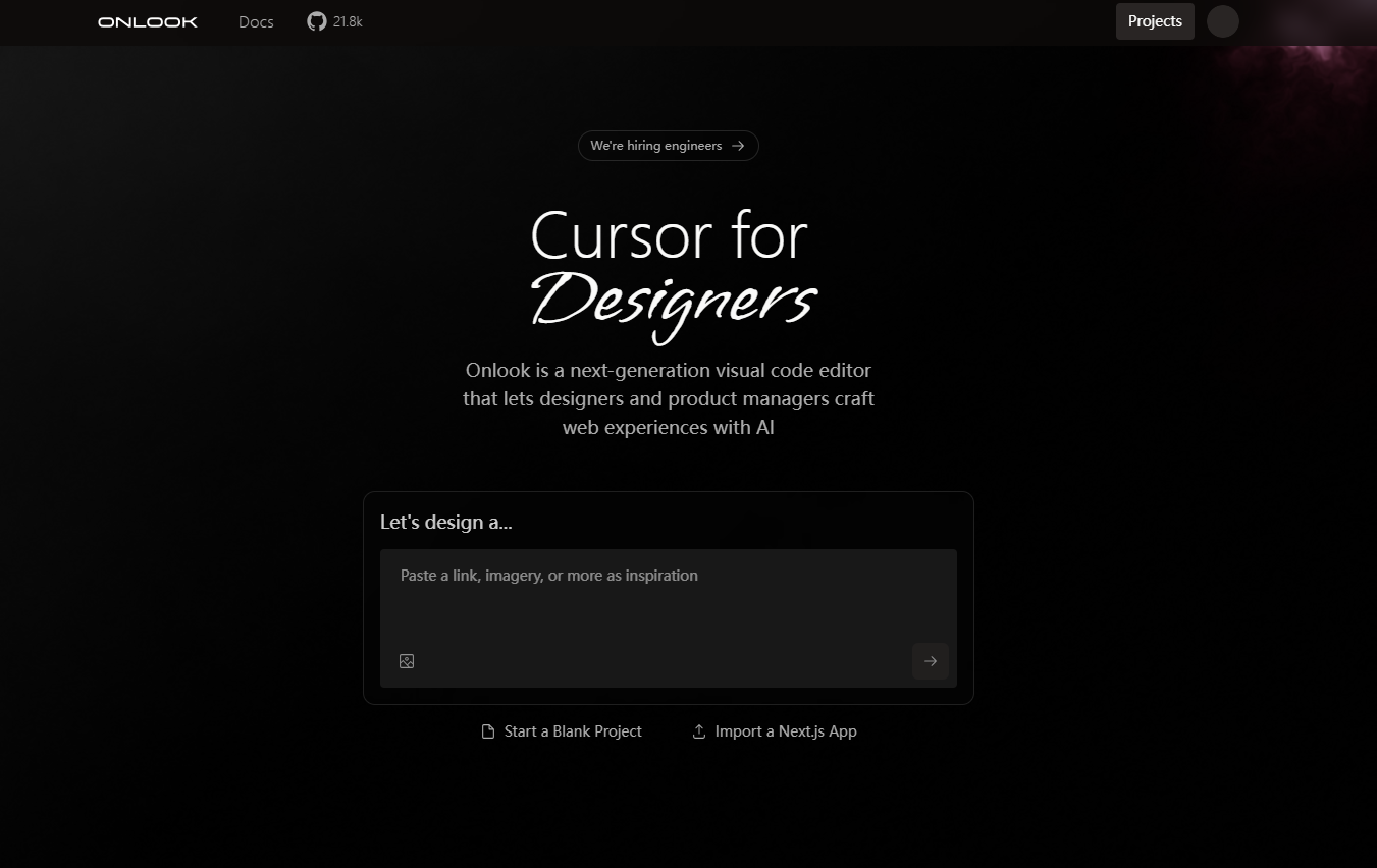 Onlook 是一款面向设计师和产品经理的下一代可视化代码编辑器,允许用户通过AI创作网页体验。它是一款真正的开发者工具,帮助设计师无需编码知识就能创建和迭代网站设计。