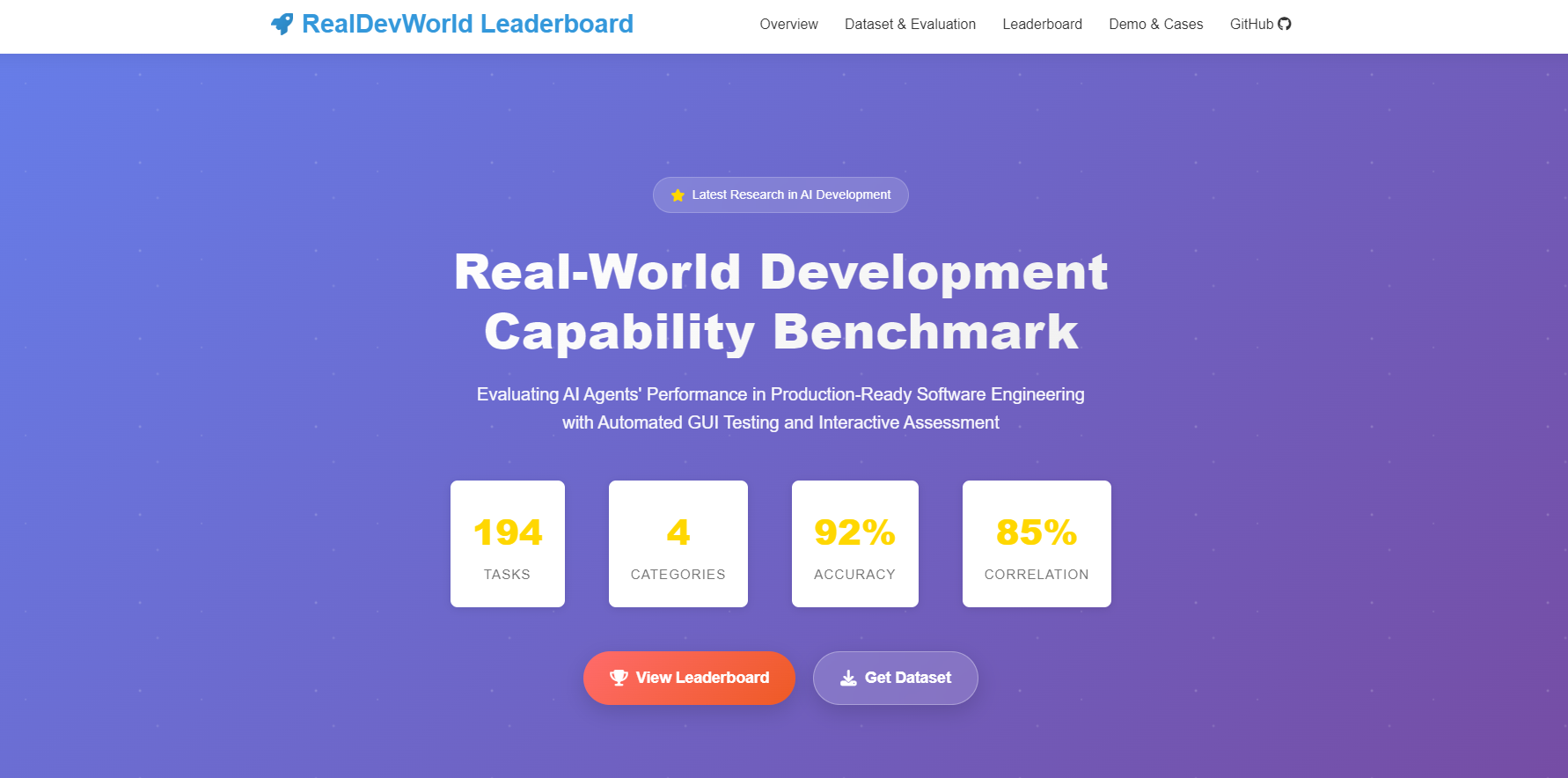 RealDevWorld是专业的AI开发能力评估平台,通过194个真实开发任务和多维评测体系,提供生产级软件工程的综合评估。平台采用创新的Agent-as-a-Judge评估模式,实现92%专家评估准确率,为AI开发者和企业提供可靠的性能基准。
