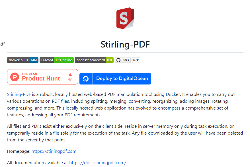 Stirling-PDF是一款功能强大的本地化PDF处理工具,支持超过50种PDF操作,包括合并、分割、转换、压缩等。这款基于Docker的Web应用程序完全本地运行,确保您的文件安全。